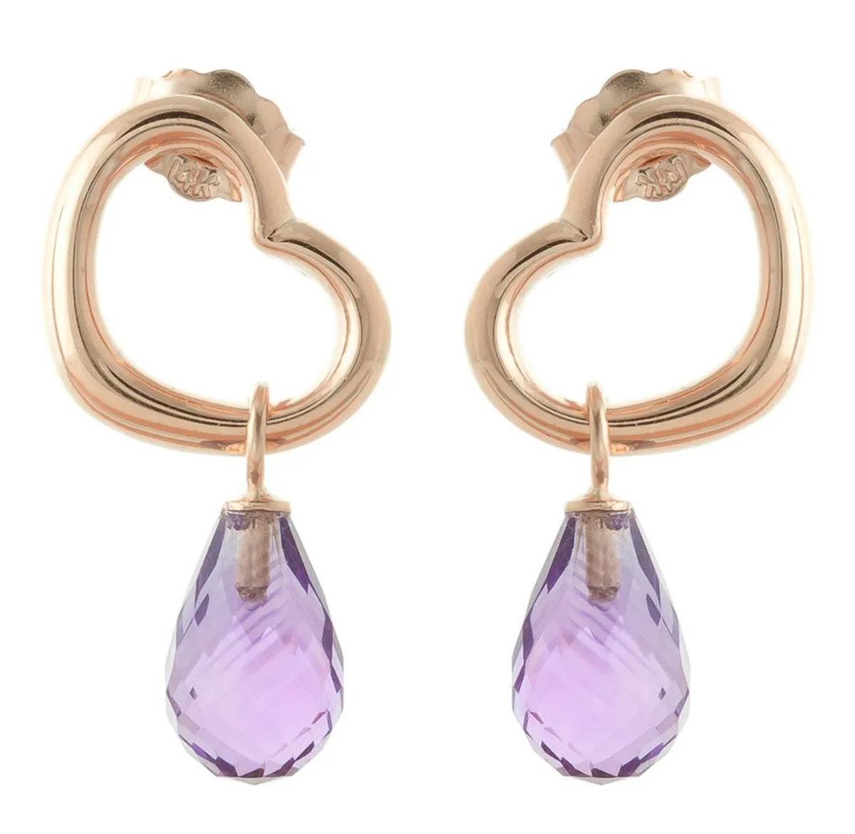 14K Solid Rose Gold Heart Earrings w/ Dangling Natural Amethysts