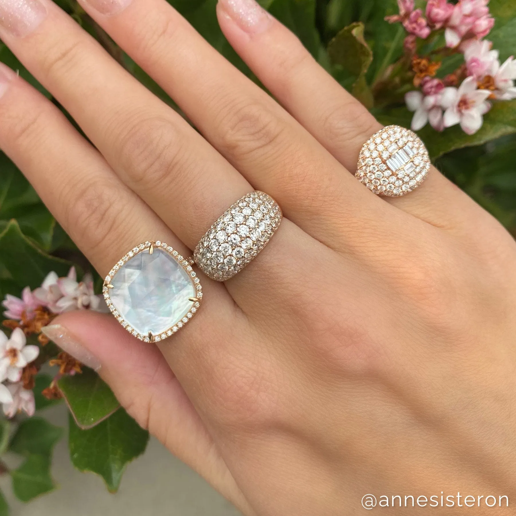 14KT Rose Gold Diamond Mother of Pearl Doublet Cushion Cut Cocktail Ring