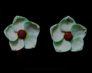 1950s Blue Dogwood Clips Earrings - Seashell Flowers - Spring Summer Resort Chic - Kitsch - Clip-On 50s Turquoise Sea Shell Art Jewelry