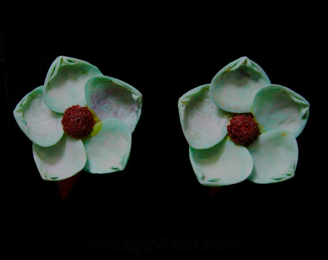 1950s Blue Dogwood Clips Earrings - Seashell Flowers - Spring Summer Resort Chic - Kitsch - Clip-On 50s Turquoise Sea Shell Art Jewelry