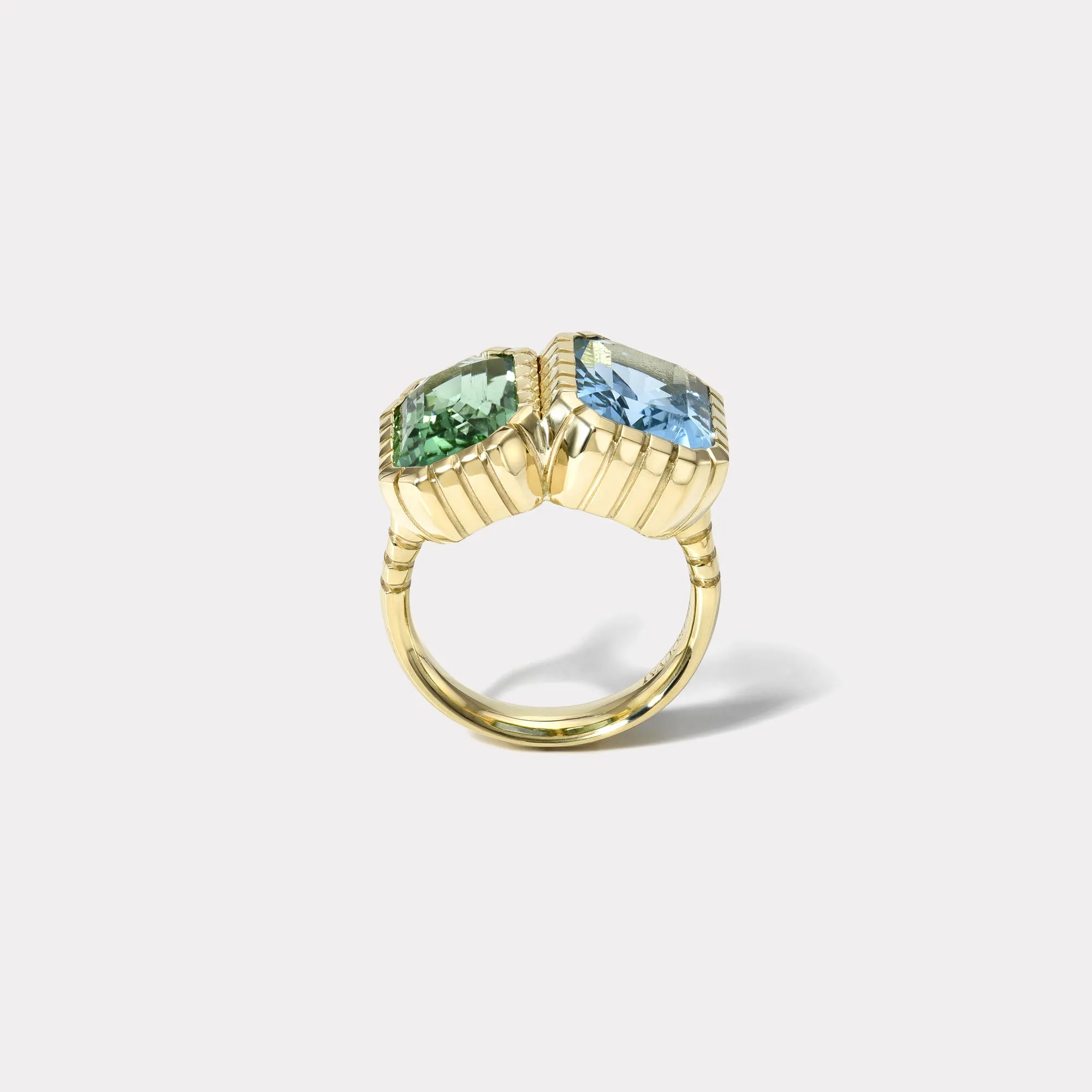 3.96ct Aquamarine and 3.9ct Green Tourmaline Double Stone Heirloom Bezel Ring
