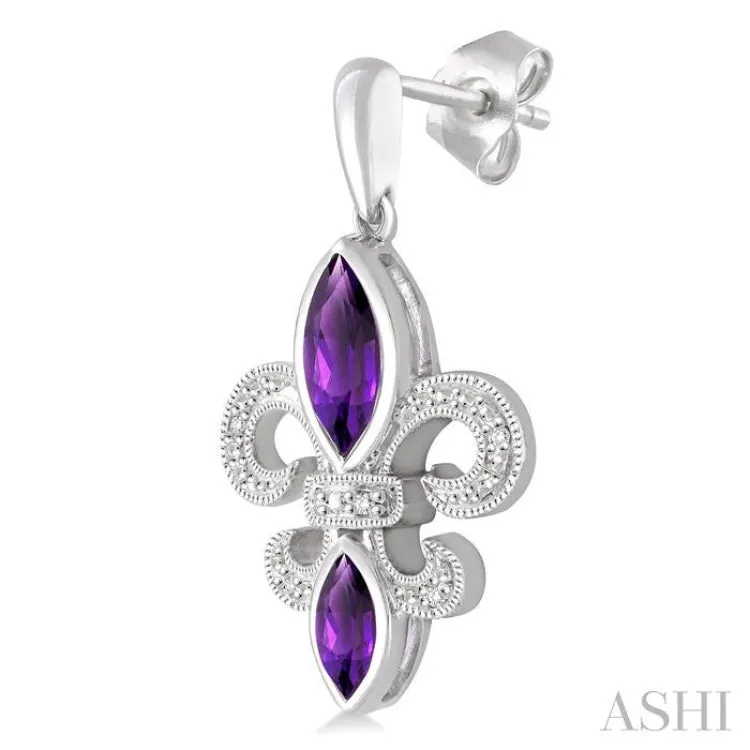 8x4 MM Marquise Cut Amethyst, 6x3 MM Marquise Cut Amethyst and 1/20 Ctw Round Cut Diamond Fleur de lis Earrings in Sterling Silver