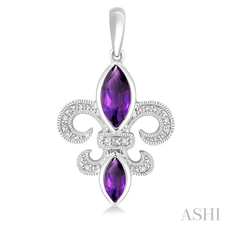 8x4 MM Marquise Cut Amethyst, 6x3 MM Marquise Cut Amethyst and 1/20 Ctw Round Cut Diamond Fleur de lis Earrings in Sterling Silver