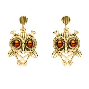 9ct Yellow Gold Amber Orange Owl Stud Earrings