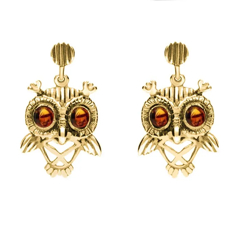 9ct Yellow Gold Amber Orange Owl Stud Earrings