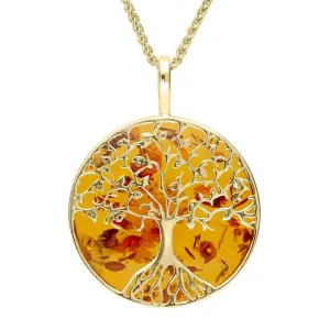9ct Yellow Gold Amber Round Tree Of Life Necklace