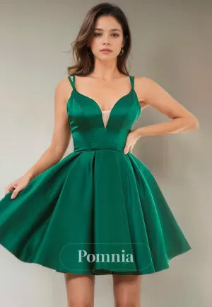 A-Line Straps V-Neck Empire-Waist Sleeveless Satin Pleated Short Homecoming Dress