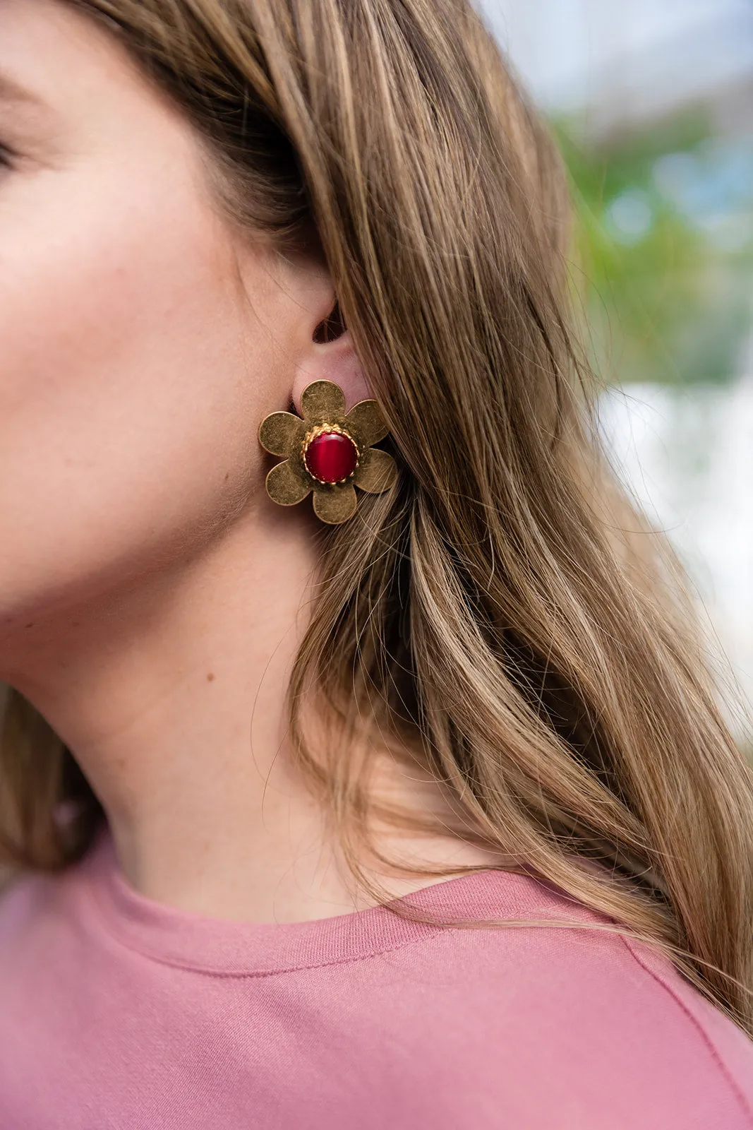 Amber Flower Petal Earrings Ruby