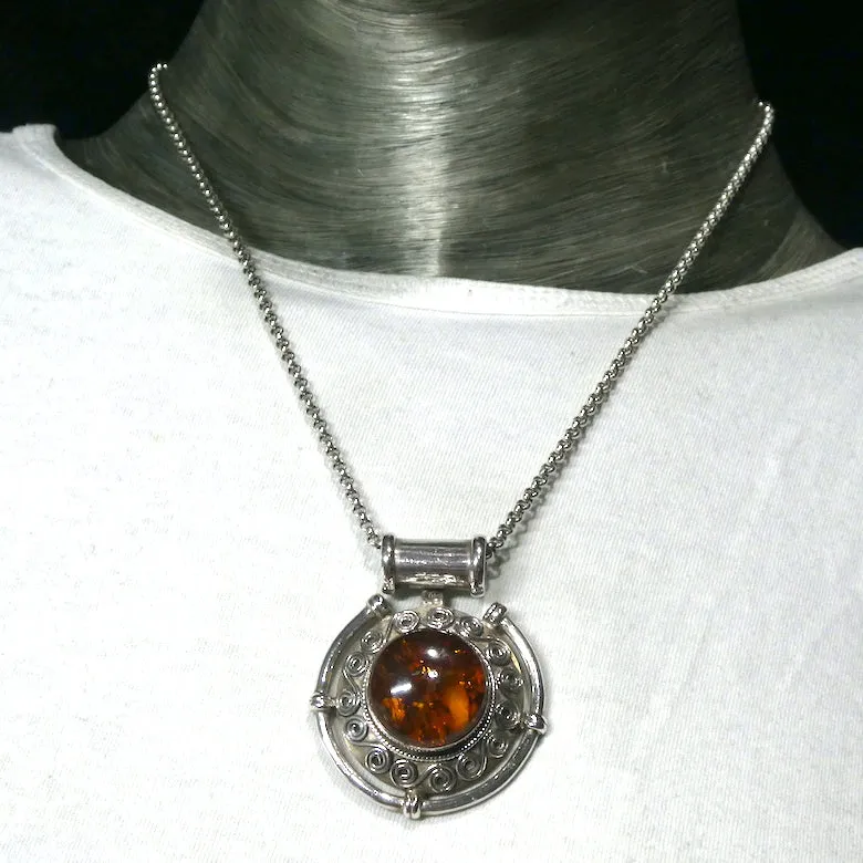 Amber Pendant, Celtic Disc Round Cabochon, 925 Sterling Silver