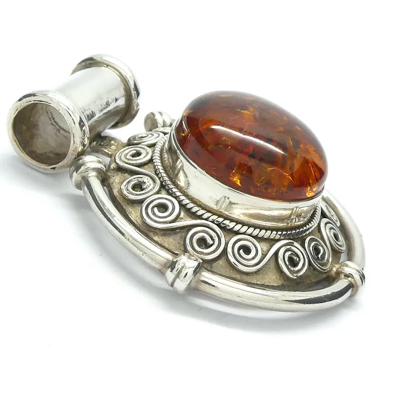 Amber Pendant, Celtic Disc Round Cabochon, 925 Sterling Silver
