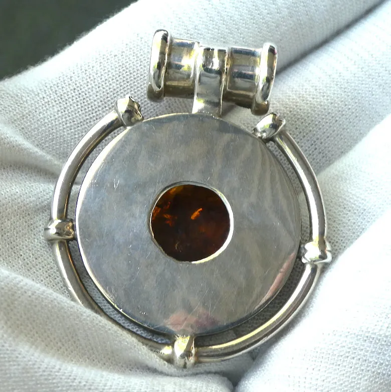 Amber Pendant, Celtic Disc Round Cabochon, 925 Sterling Silver