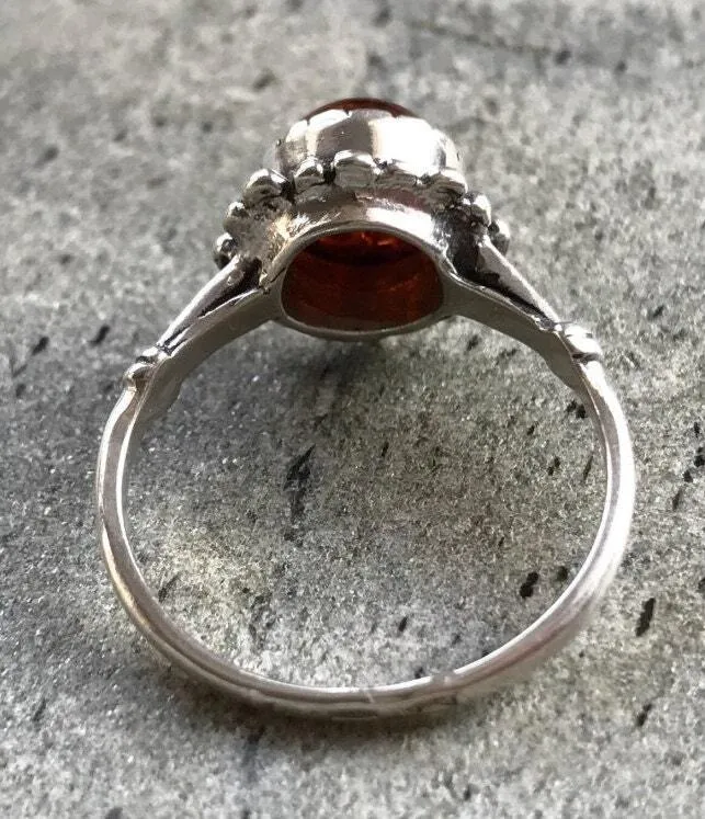Amber Silver Ring - Natural Amber Ring - Vintage Flower Ring