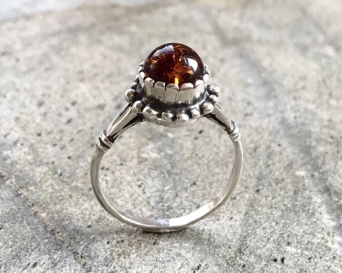 Amber Silver Ring - Natural Amber Ring - Vintage Flower Ring