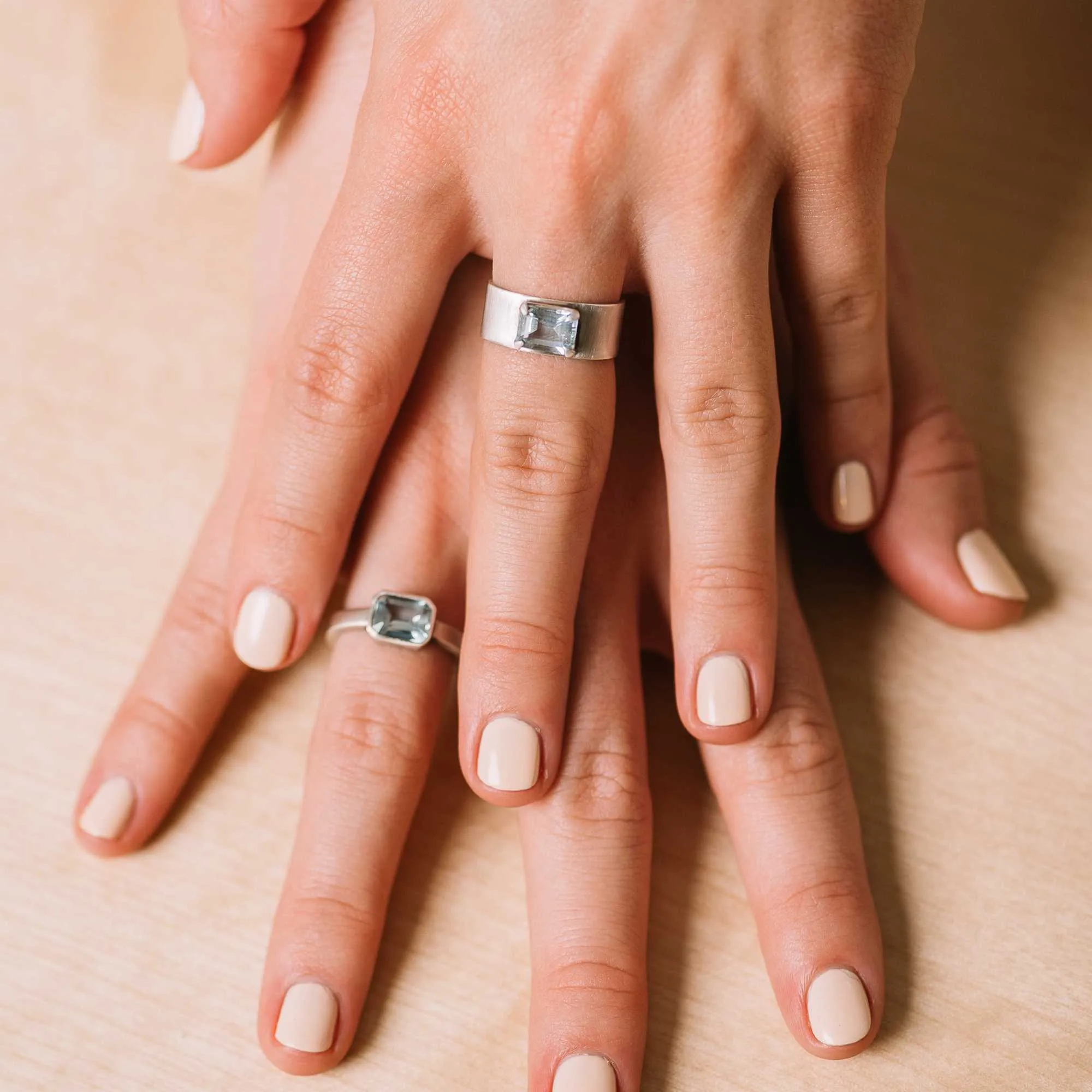 Aquamarine East-West Emerald-Cut Ring on Cigar Band