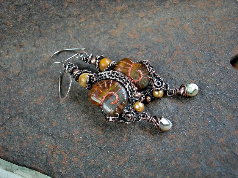 Autumn Gold Nautilus Earrings, Copper Wire Wrap, Abalone Drops, Coral