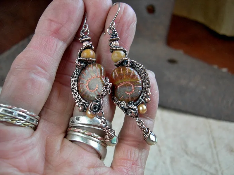 Autumn Gold Nautilus Earrings, Copper Wire Wrap, Abalone Drops, Coral