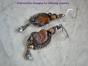 Autumn Gold Nautilus Earrings, Copper Wire Wrap, Abalone Drops, Coral