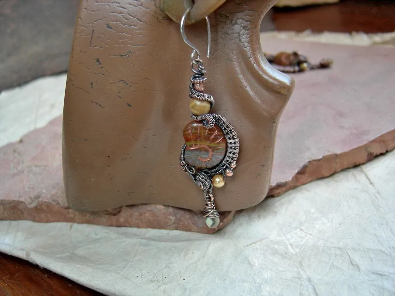 Autumn Gold Nautilus Earrings, Copper Wire Wrap, Abalone Drops, Coral