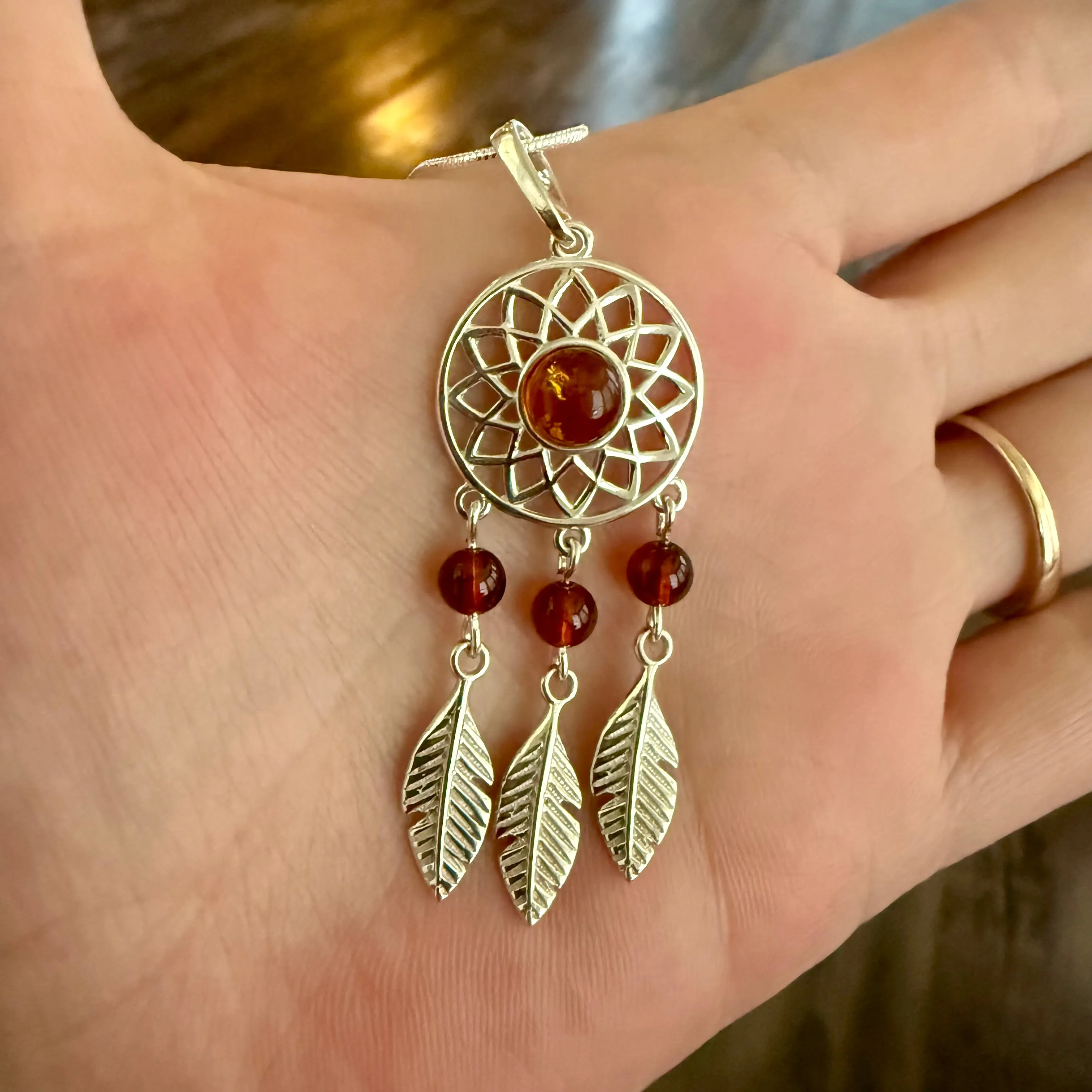 Baltic Amber Dreamcatcher Sterling Silver Pendant Necklace Southwestern Boho