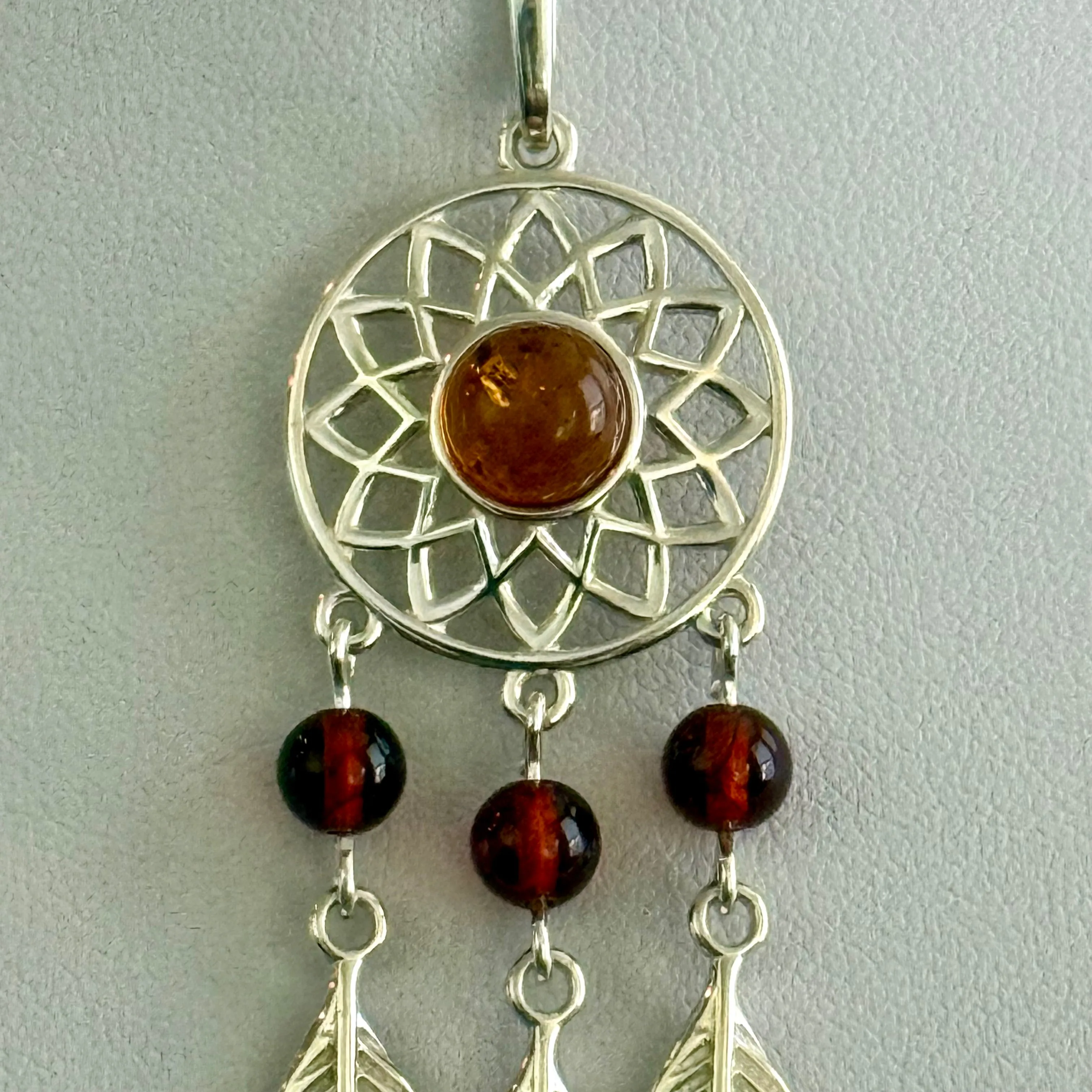Baltic Amber Dreamcatcher Sterling Silver Pendant Necklace Southwestern Boho