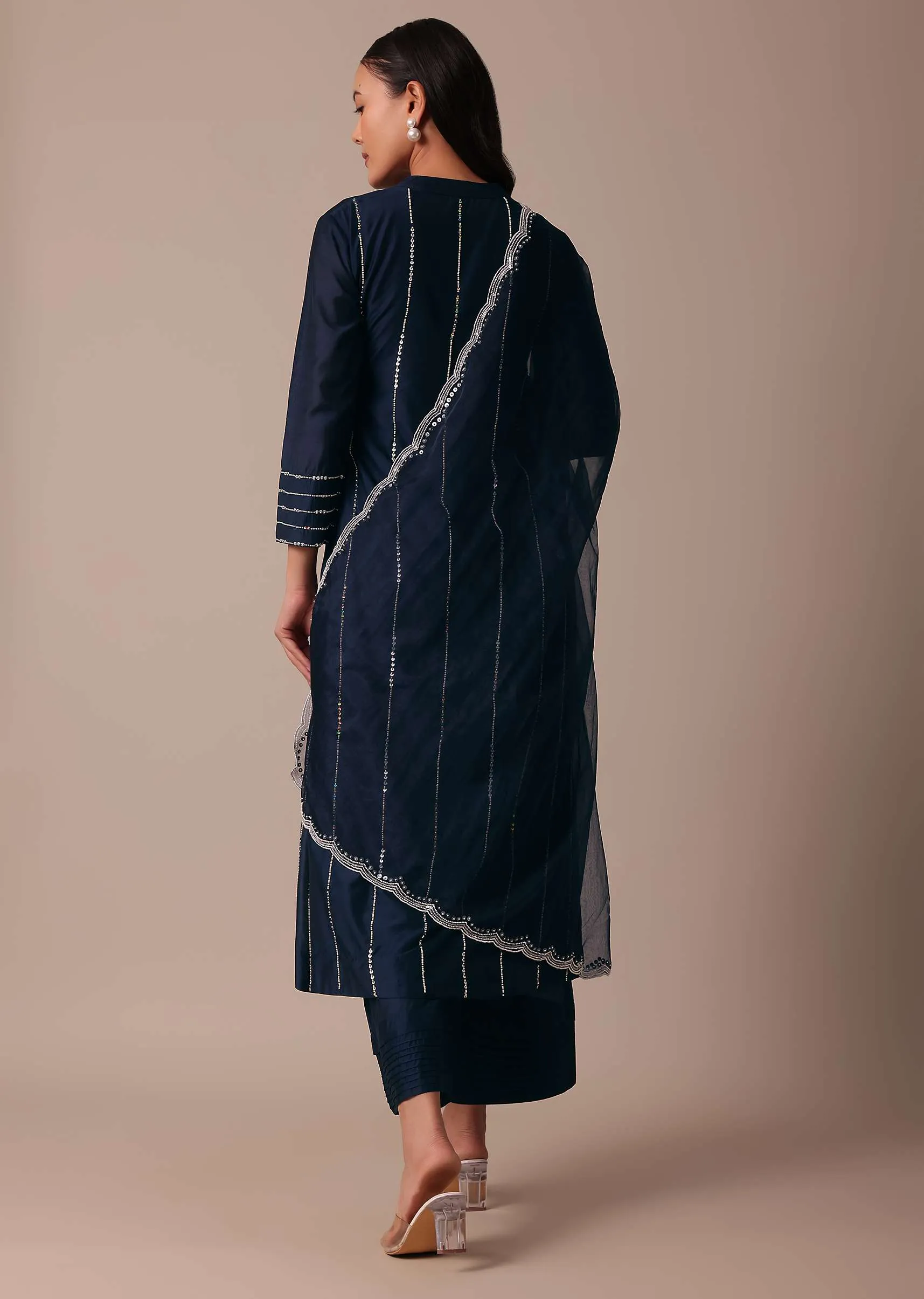 Blue Cotton Pant Set With Pearl Work