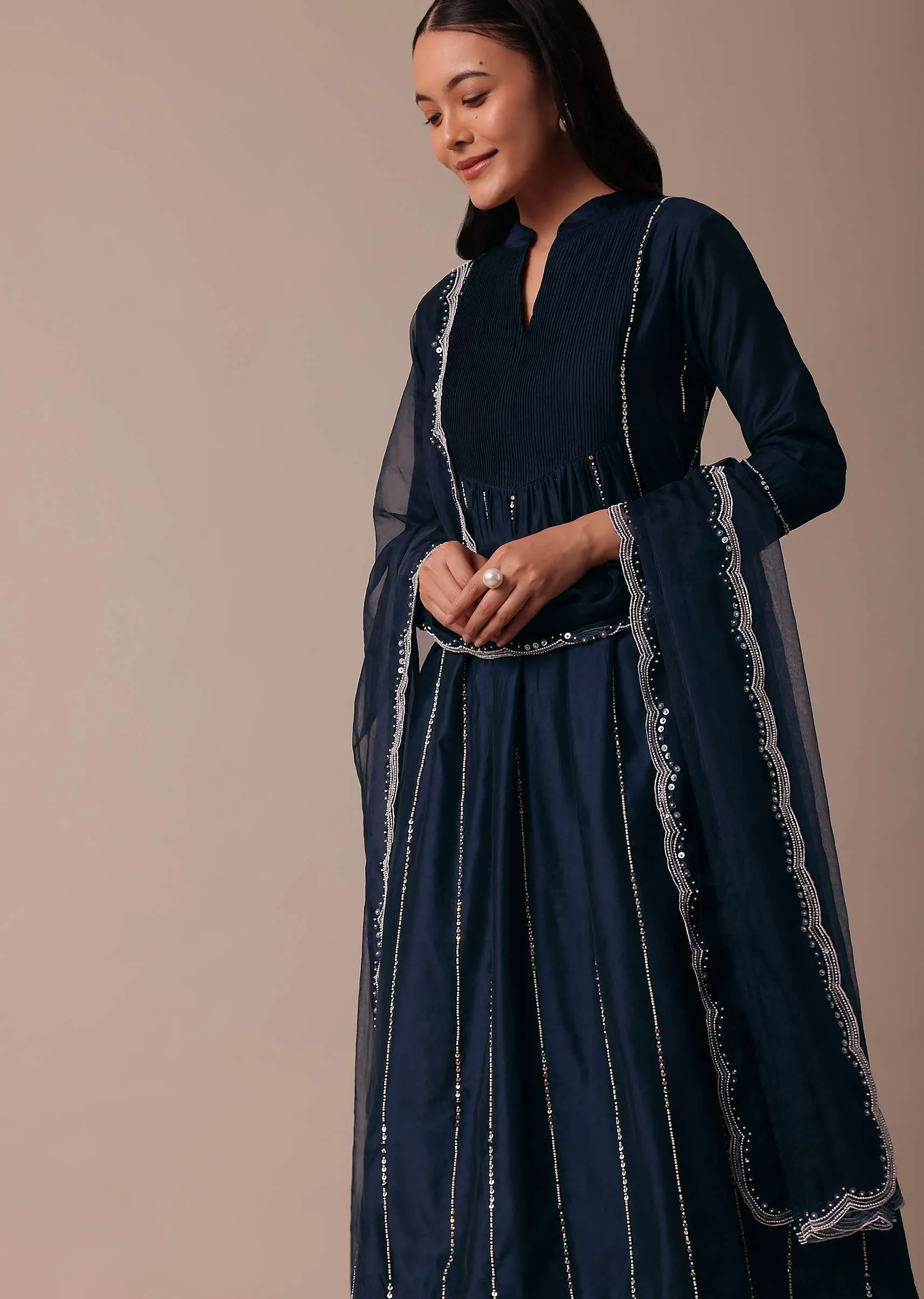 Blue Cotton Pant Set With Pearl Work