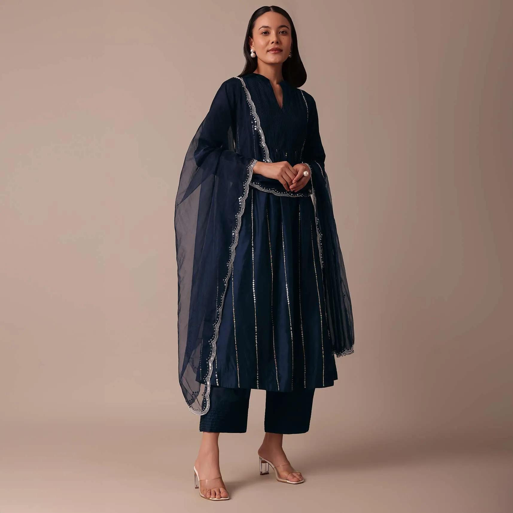 Blue Cotton Pant Set With Pearl Work