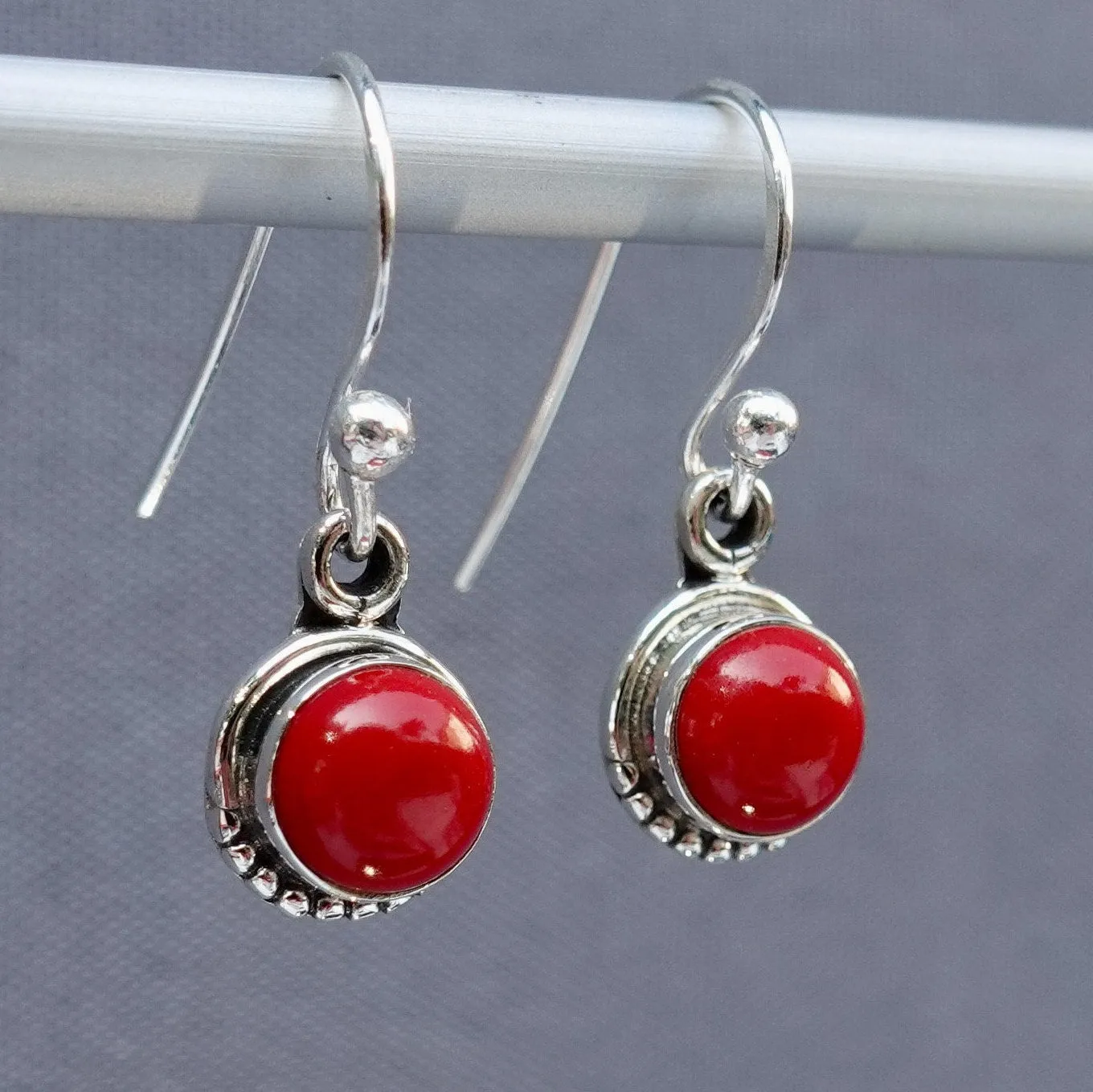 Boho Round 6mm Coral 925 Silver Earrings, E86COR