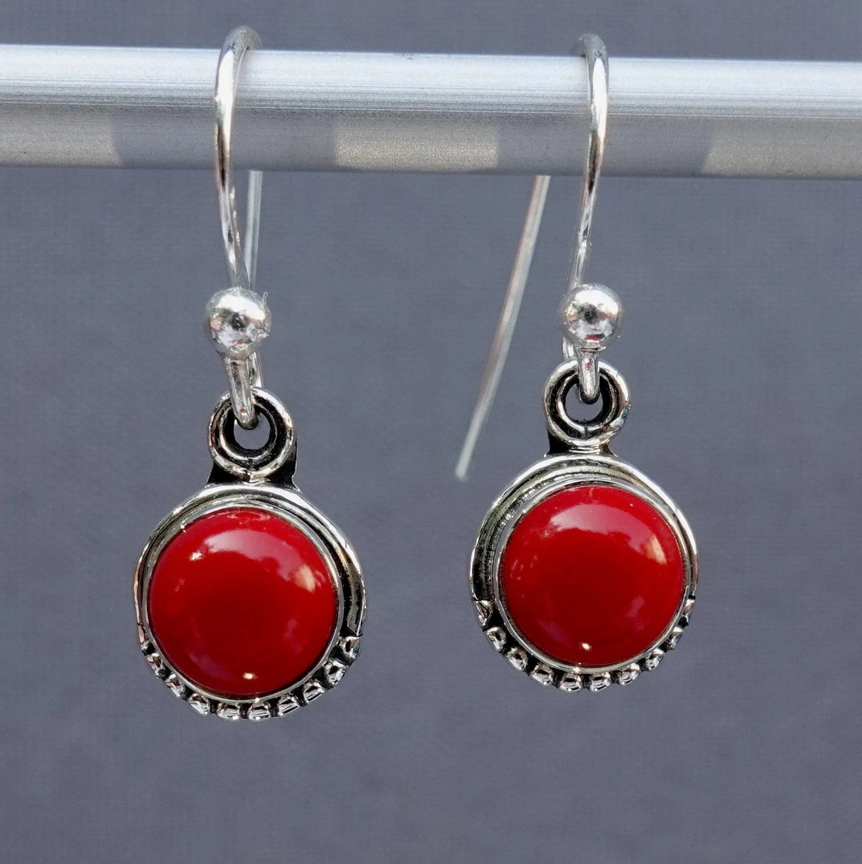 Boho Round 6mm Coral 925 Silver Earrings, E86COR