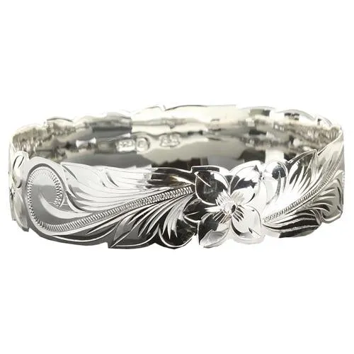 Classic Hawaiian Sterling Silver Scrolling Plumeria Bangle Cut Out Edge