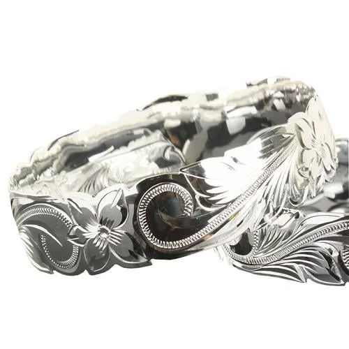 Classic Hawaiian Sterling Silver Scrolling Plumeria Bangle Cut Out Edge