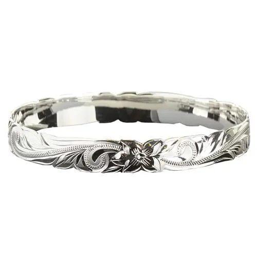 Classic Hawaiian Sterling Silver Scrolling Plumeria Bangle Cut Out Edge