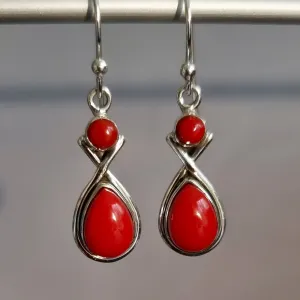 Coral Two Stone Teardrop 925 Silver Earrings, E1COR