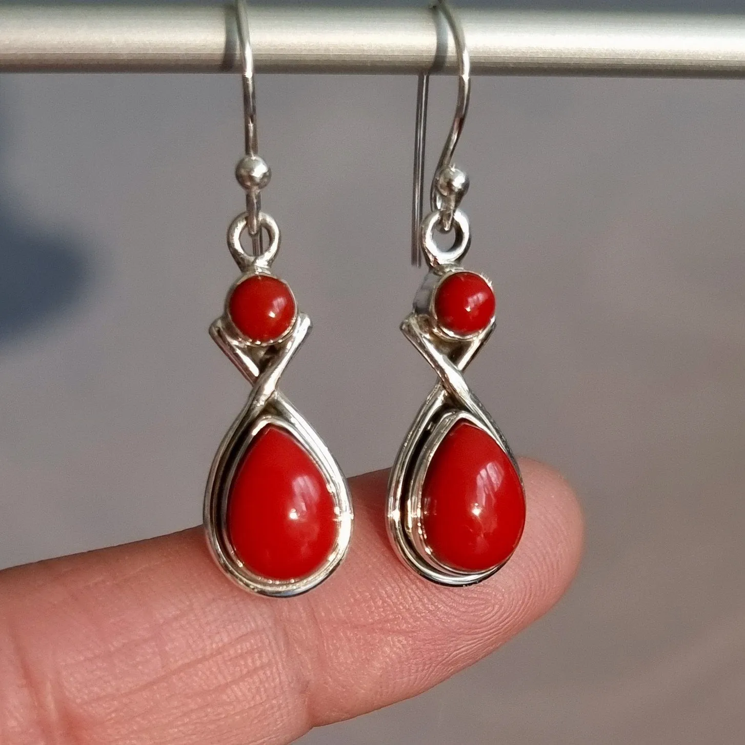Coral Two Stone Teardrop 925 Silver Earrings, E1COR