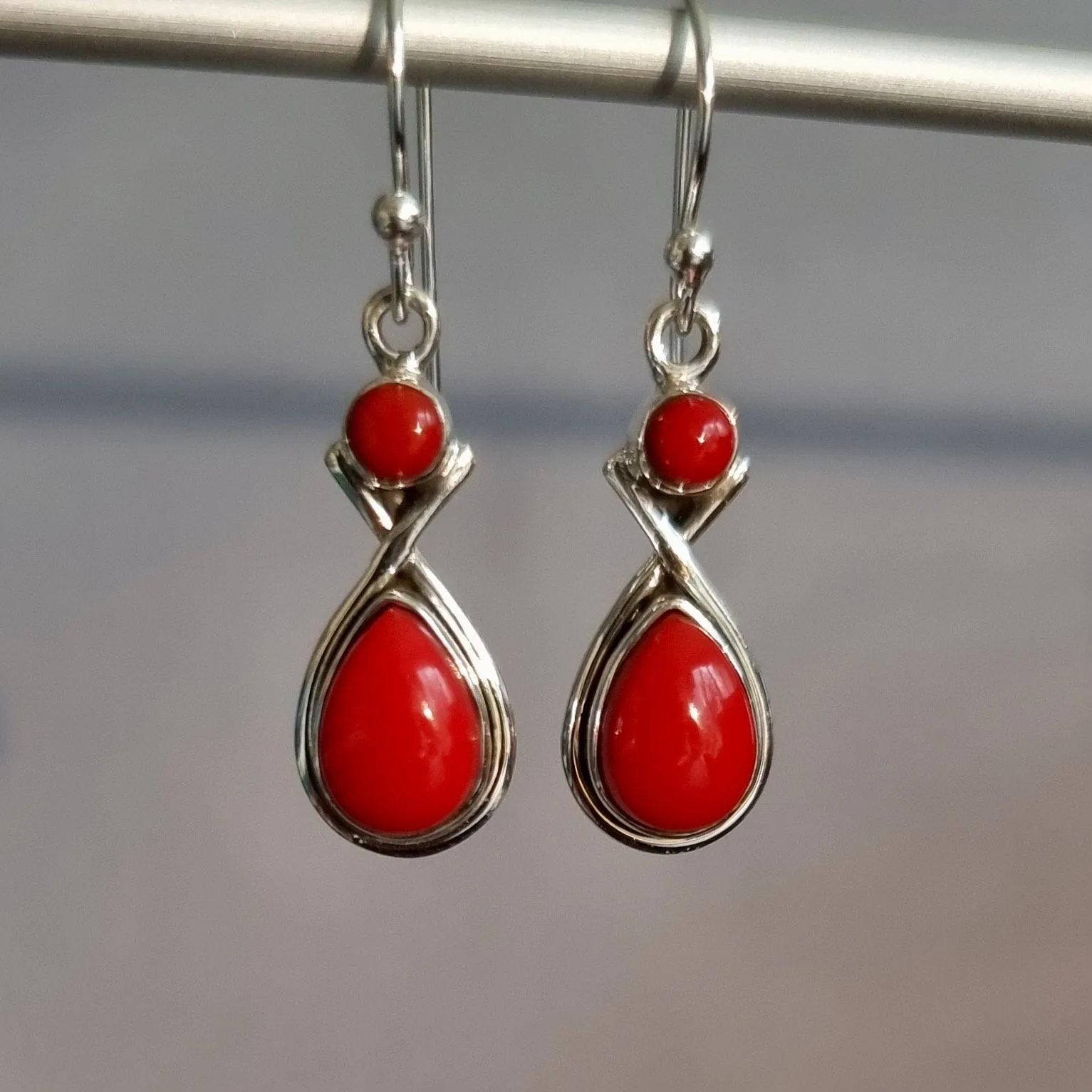 Coral Two Stone Teardrop 925 Silver Earrings, E1COR