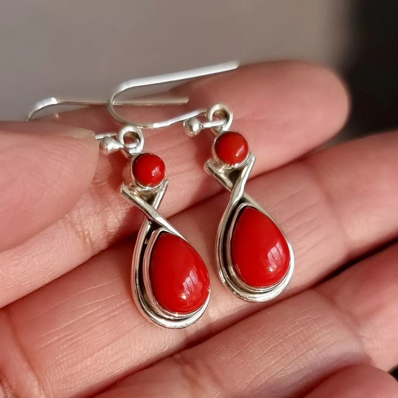 Coral Two Stone Teardrop 925 Silver Earrings, E1COR