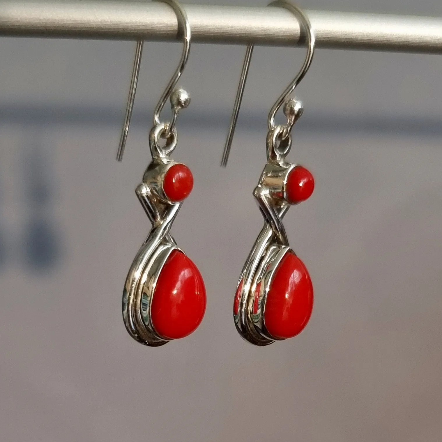 Coral Two Stone Teardrop 925 Silver Earrings, E1COR