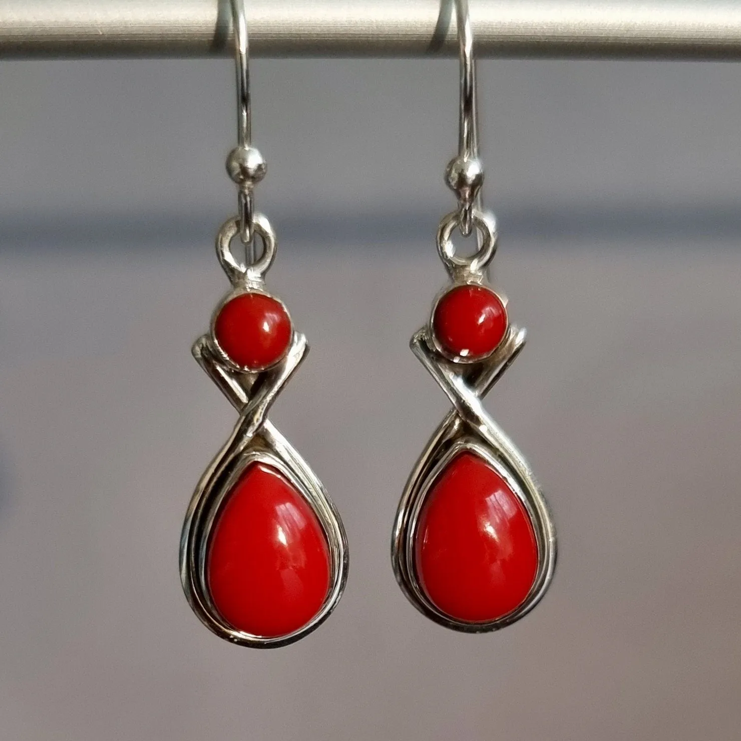 Coral Two Stone Teardrop 925 Silver Earrings, E1COR