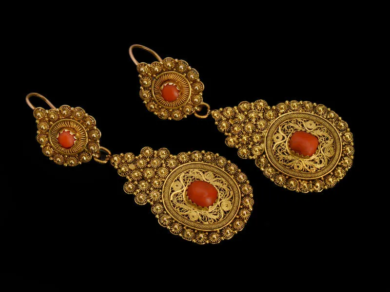 Day Night Coral Filigree Gold Earrings