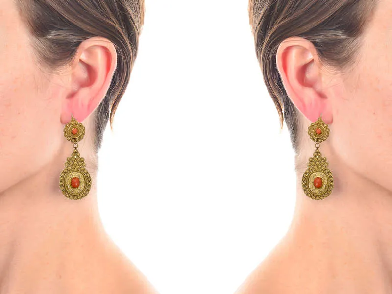 Day Night Coral Filigree Gold Earrings