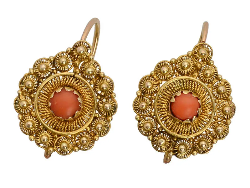 Day Night Coral Filigree Gold Earrings