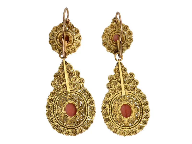 Day Night Coral Filigree Gold Earrings