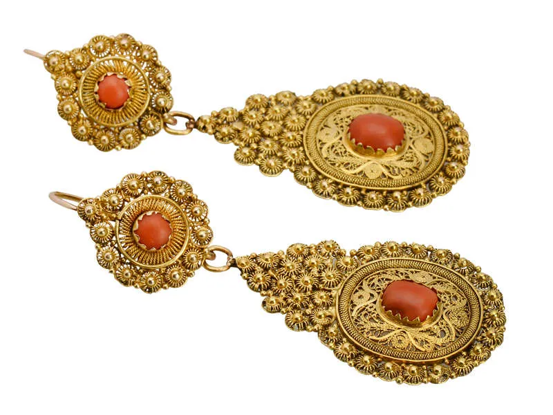 Day Night Coral Filigree Gold Earrings