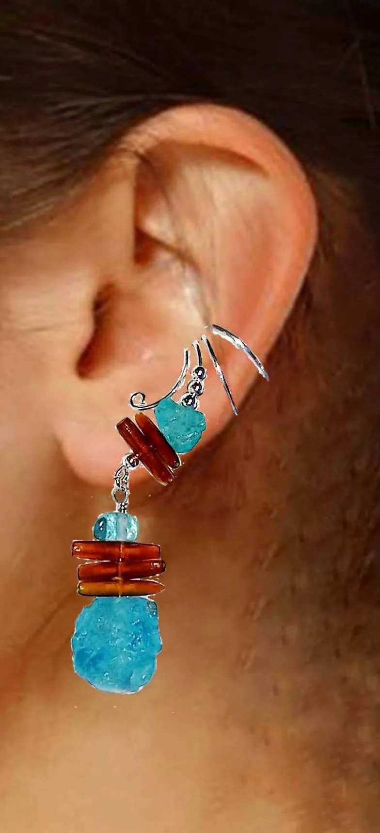 Ear Cuff of Genuine Apatite and Golden Coral Sticks Dangle