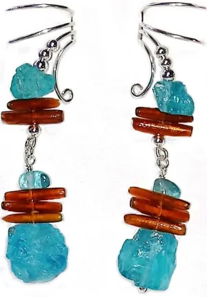 Ear Cuff of Genuine Apatite and Golden Coral Sticks Dangle
