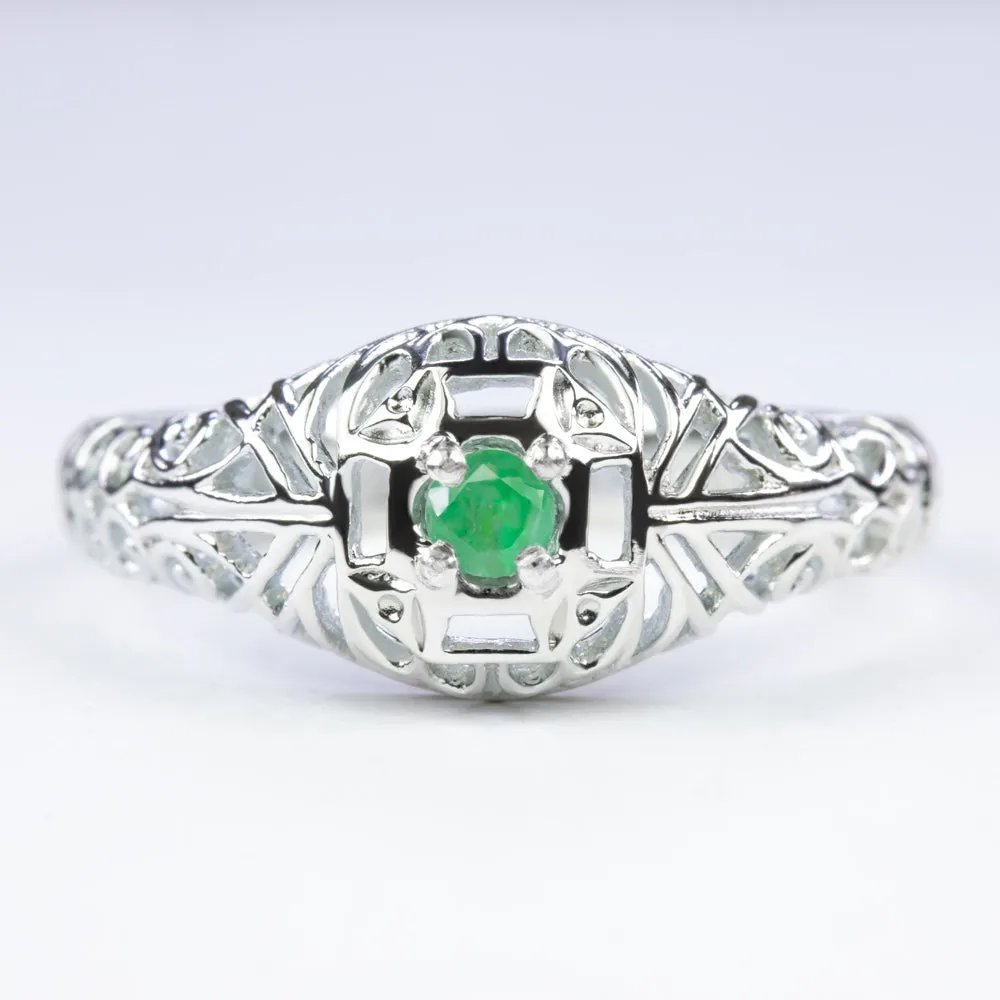 EMERALD VINTAGE STYLE COCKTAIL RING STERLING SILVER DAINTY FILIGREE ROUND GREEN