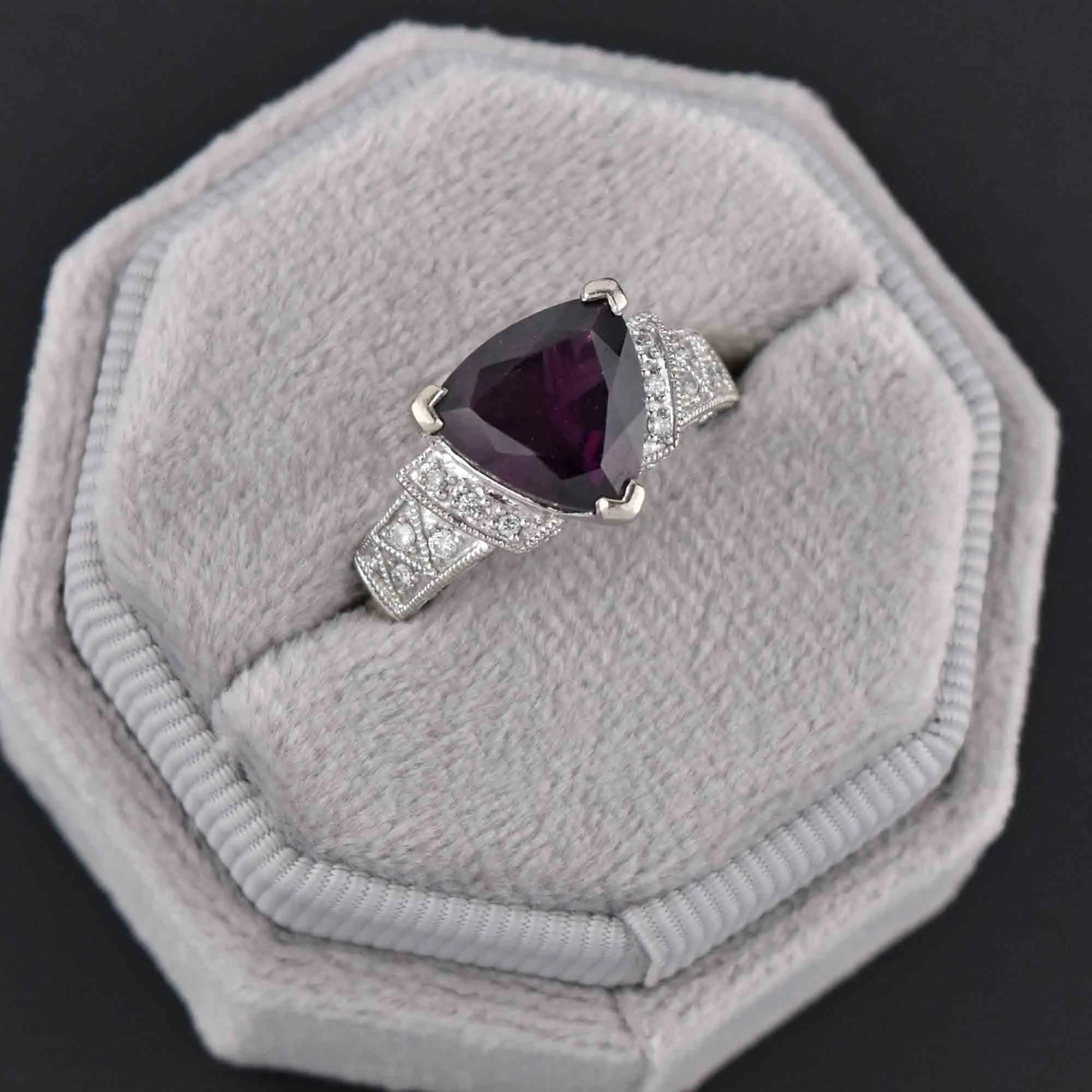 Estate Diamond Trillion Cut Amethyst Ring in 14K White Gold