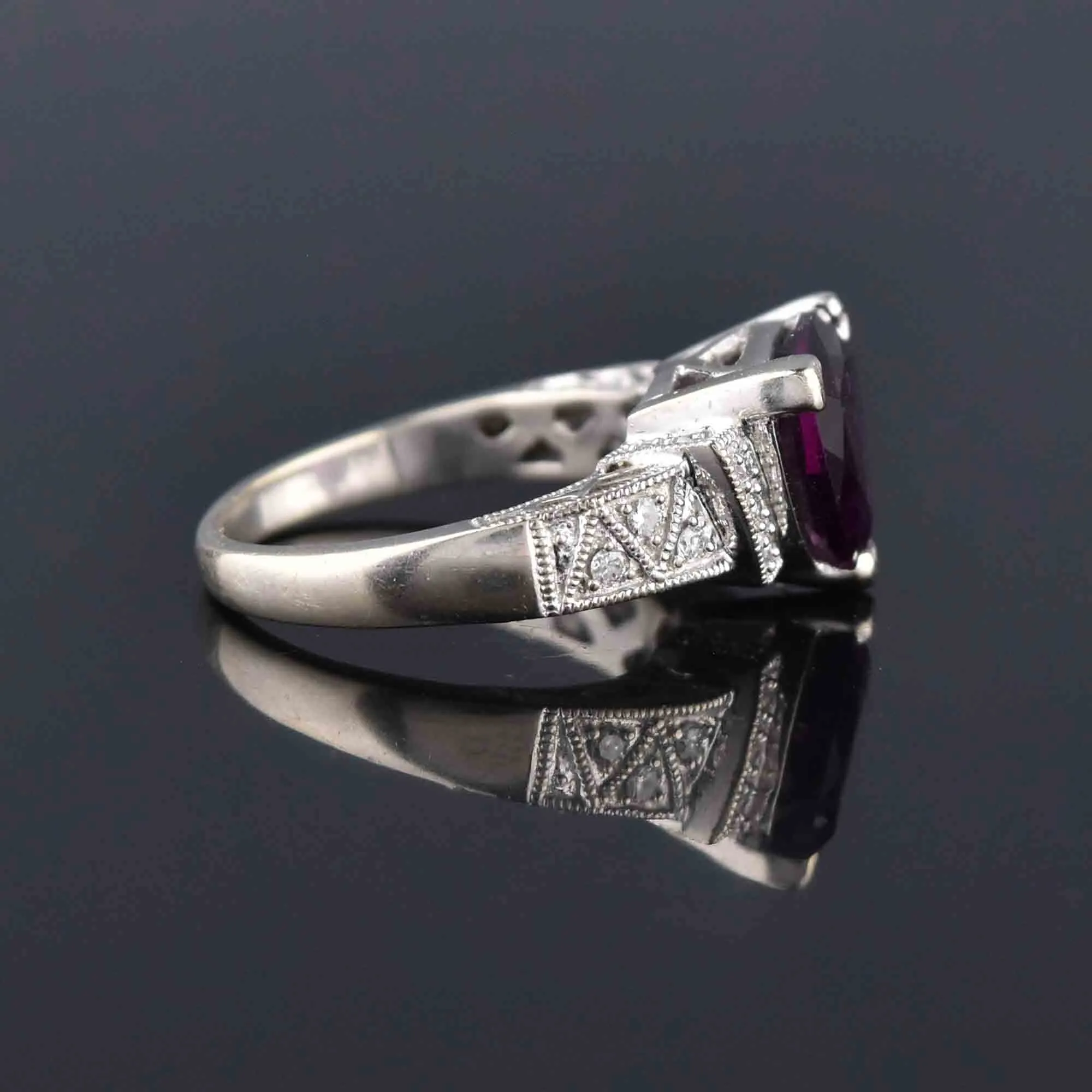 Estate Diamond Trillion Cut Amethyst Ring in 14K White Gold