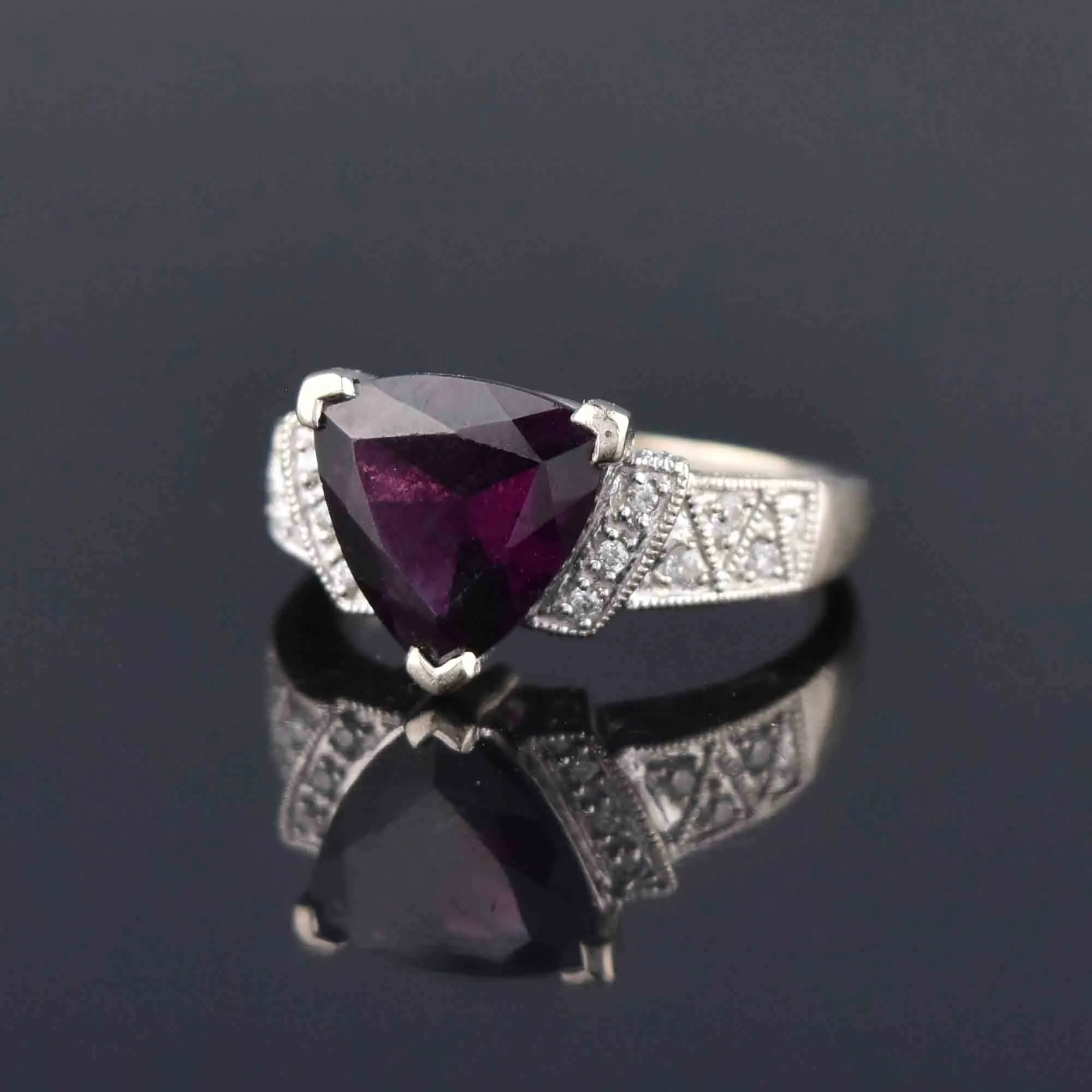 Estate Diamond Trillion Cut Amethyst Ring in 14K White Gold