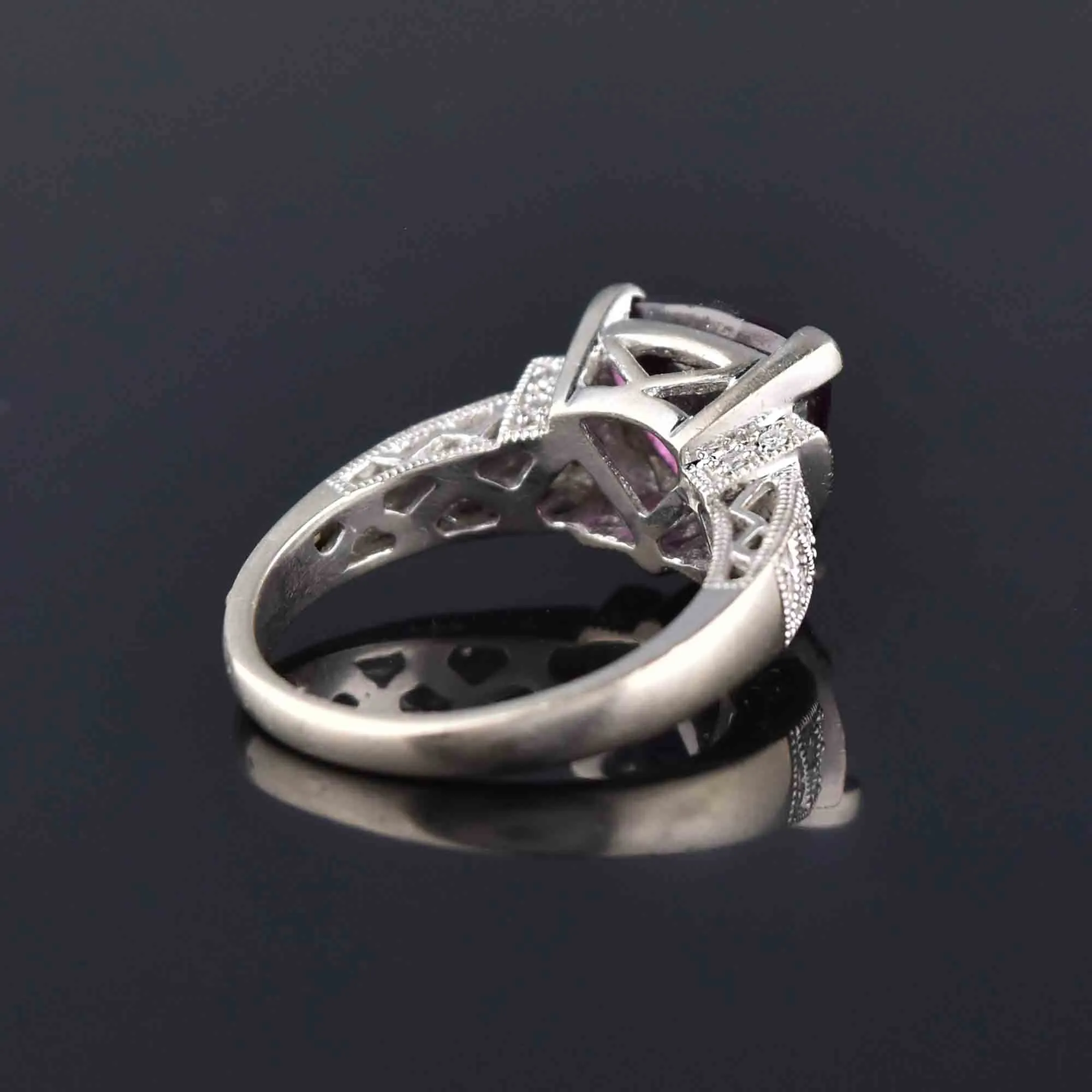 Estate Diamond Trillion Cut Amethyst Ring in 14K White Gold